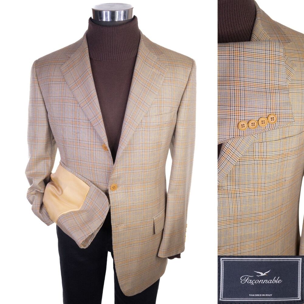Faconnable Blazer Sport Coat Plaid Beige Sz 41R Silk Wool Three Button Jacket